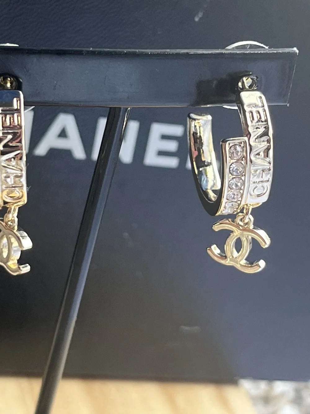 Authentic CHANEL Gold-Tone Crystal Small Hoop Earrings